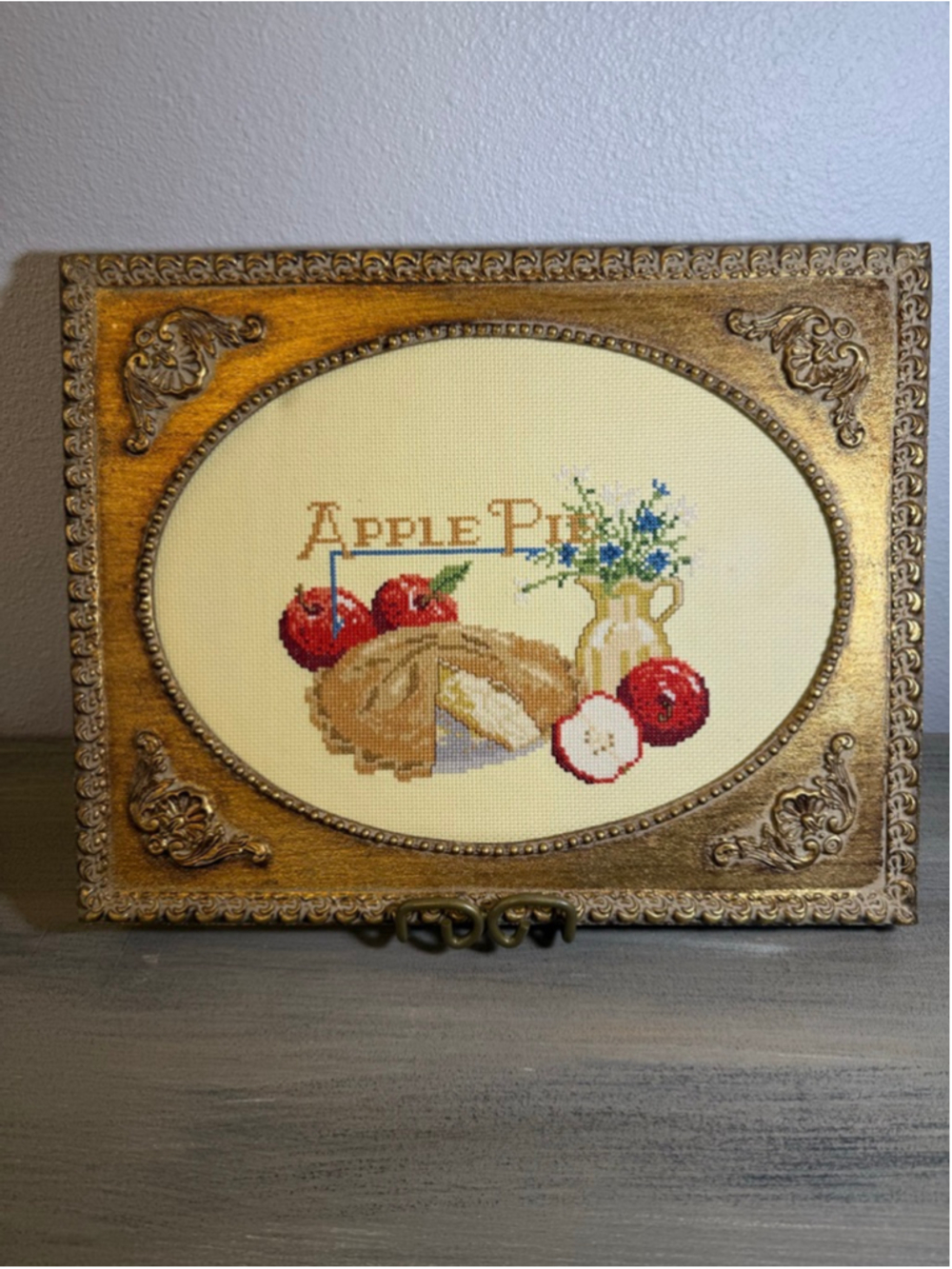 Vintage Cross Stitch Apples Pie Fruit Flowers Counted Embroidery Framed 11x14
